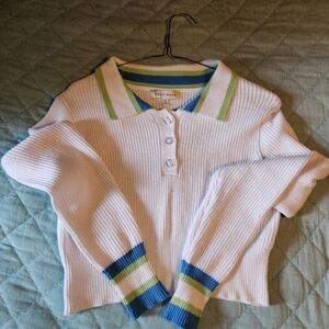 (2 For $30) Hazel Moon White Cropped Sweater Polo with Blue & Lime Stripe Trim